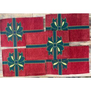 Vintage Holiday Gift Bow Red Table Placemats Chenille Gold Thread 19" x 12" EUC